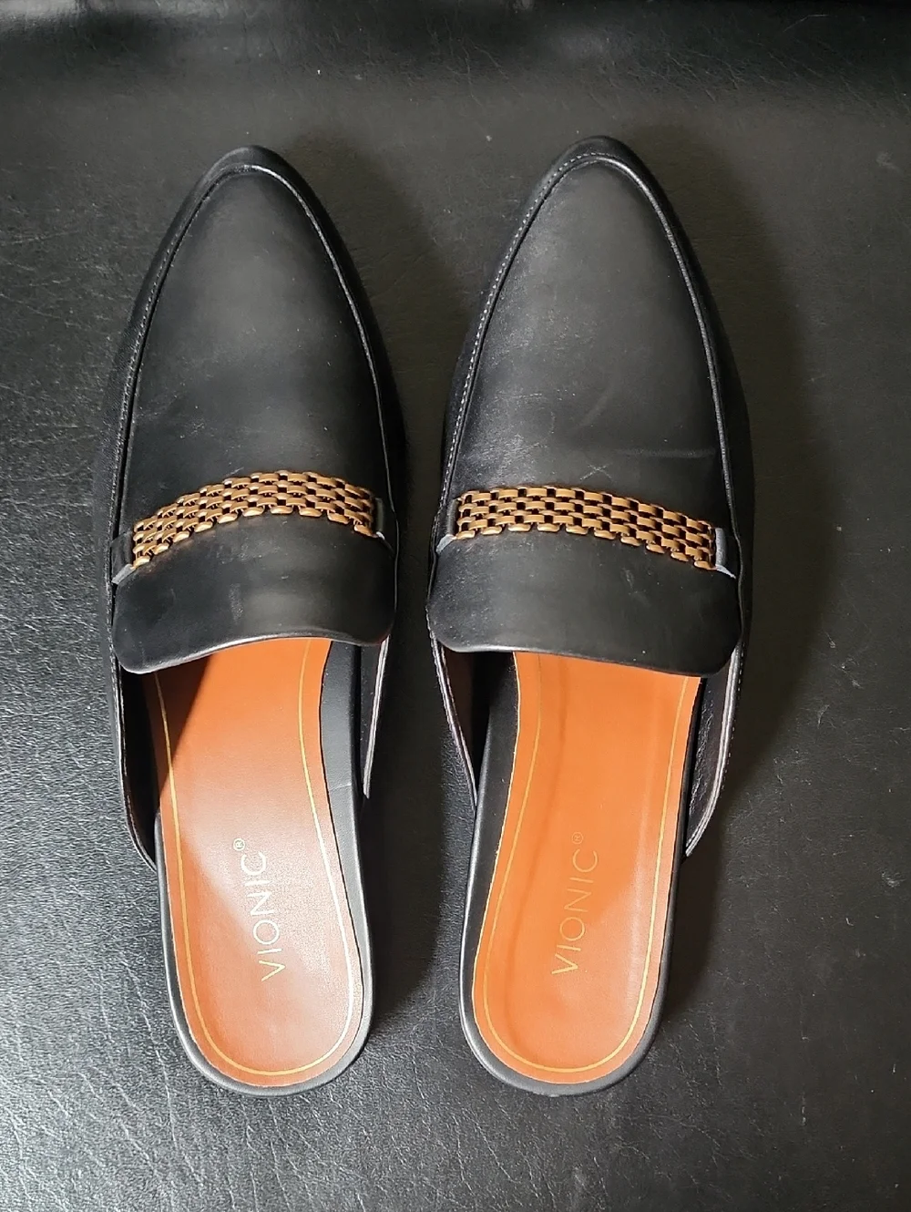 VIONIC Starling Black Leather Mules Slides Loafers Arch Support Chain Link 8.5 - Picture 6 of 12